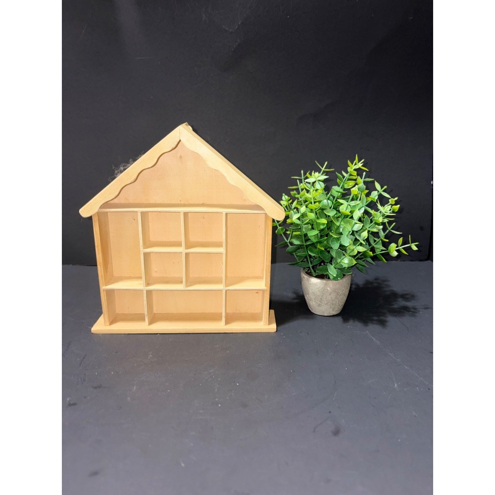 Wooden House Shadow Box Miniature Curio Display Trinket Shelf 10 Spaces 9x8